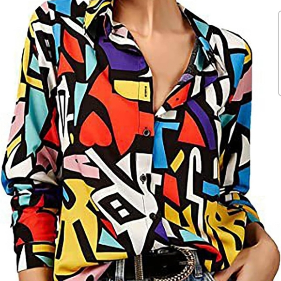 Women's Button Blouse Xlarge Artsy Pop Funky Geometric Festival Concert - Picture 2 of 14